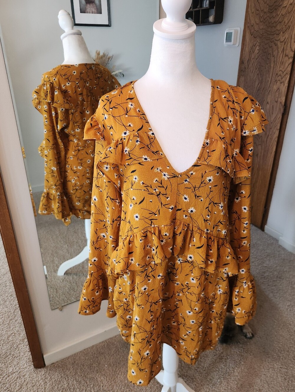 (2 For $25) Nasty Gal Mustard Yellow Floral Dress with Long Sleeves and Ruffles